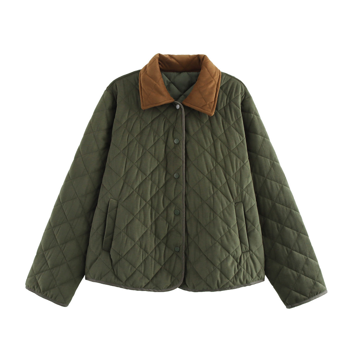 Women Clothing Autumn Winter Street Polo Collar Suede Quilted Cotton Coat Green