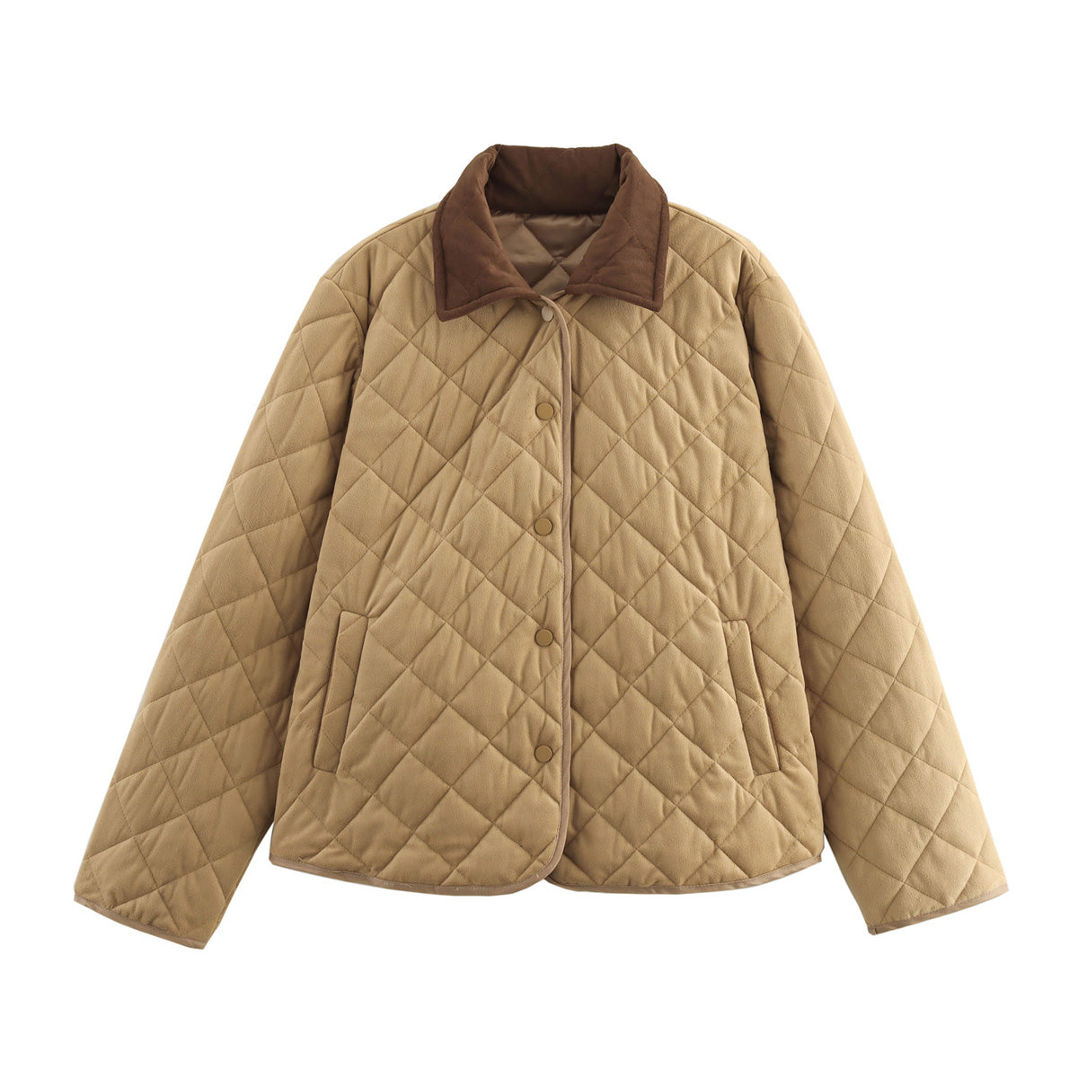 Women Clothing Autumn Winter Street Polo Collar Suede Quilted Cotton Coat Khaki