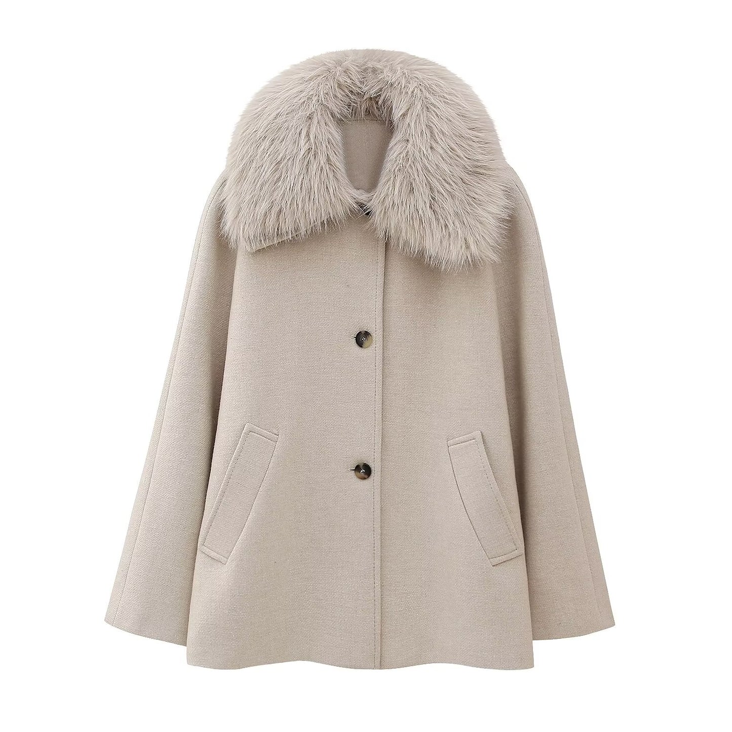 Blended Coat Detachable Fur Collar Casual Office Autumn Winter Women Coat white