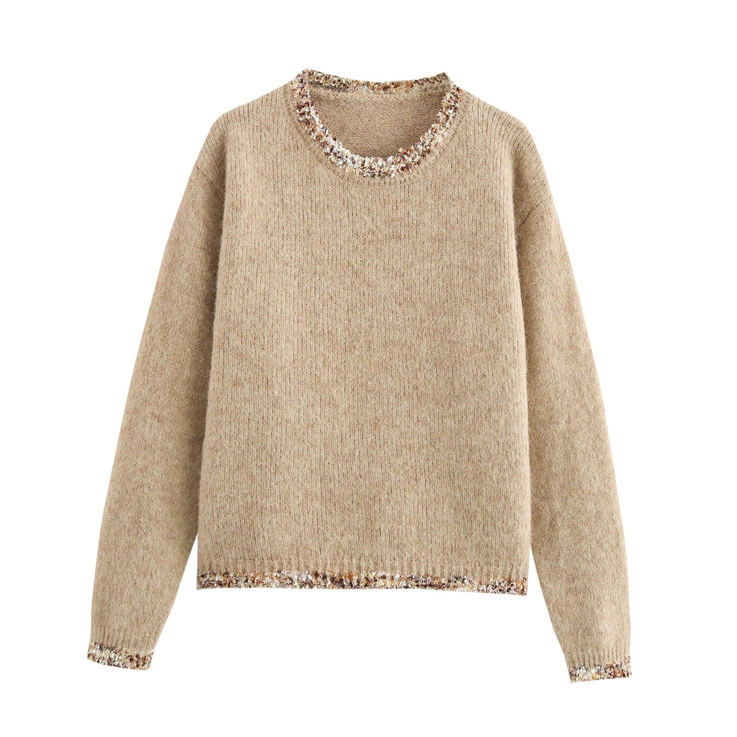 Winter Women Clothing Simple Lacework round Neck Long Sleeve Knitted Pullover Sweater