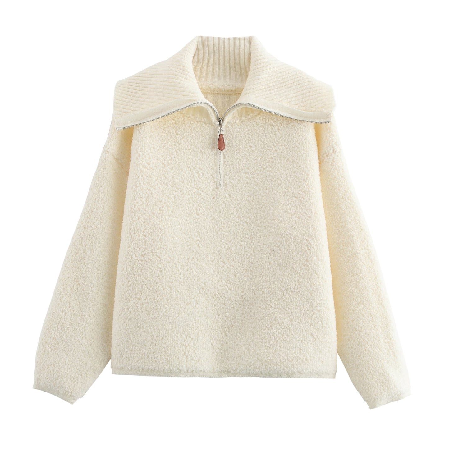 Fall Casual Thick Loose Towel Needle Collared Half Cardigan Zipper Pullover Sweater One Size White