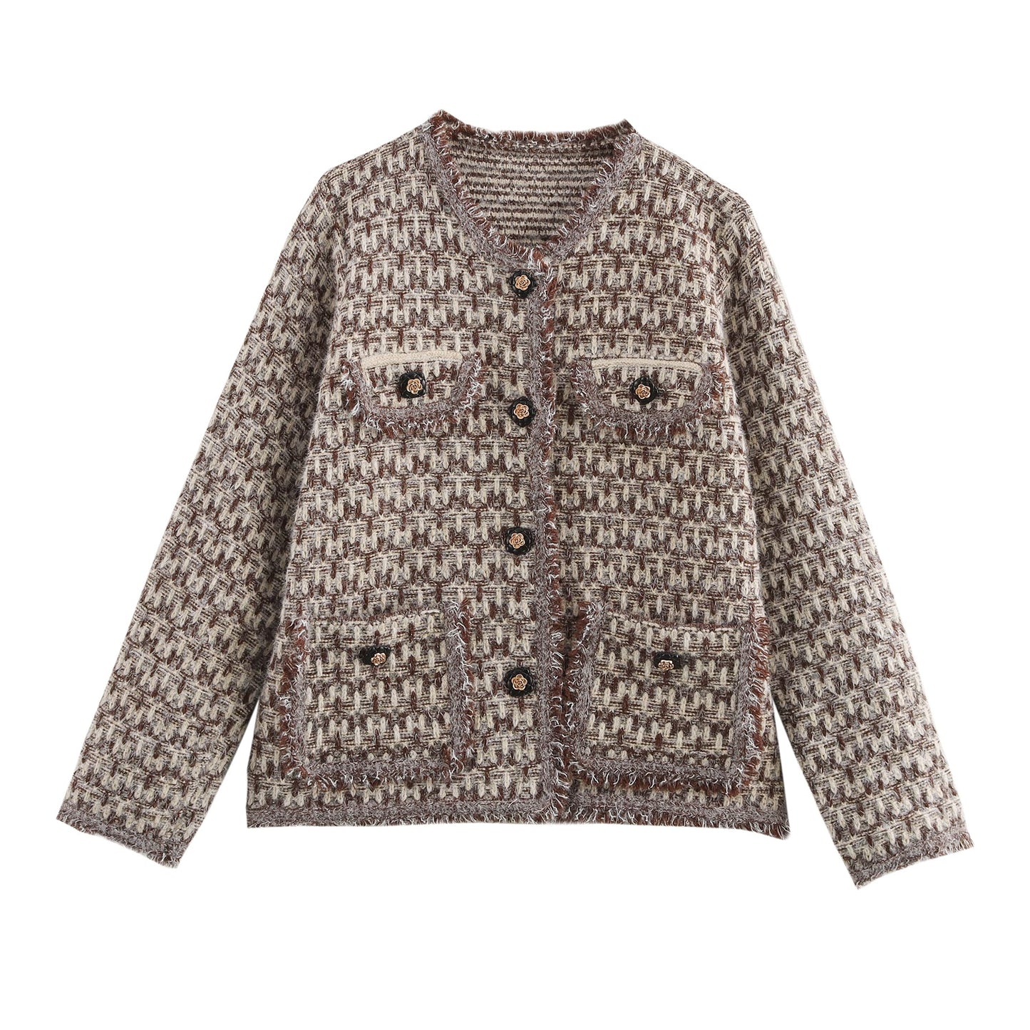 Winter Women Clothing Classic Concave Convex Woven Burrs Tassels Knitted Coat One Size Khaki