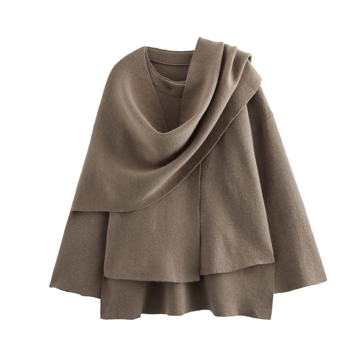 Women Clothing Asymmetric Scarf Short Knitted Coat Brown