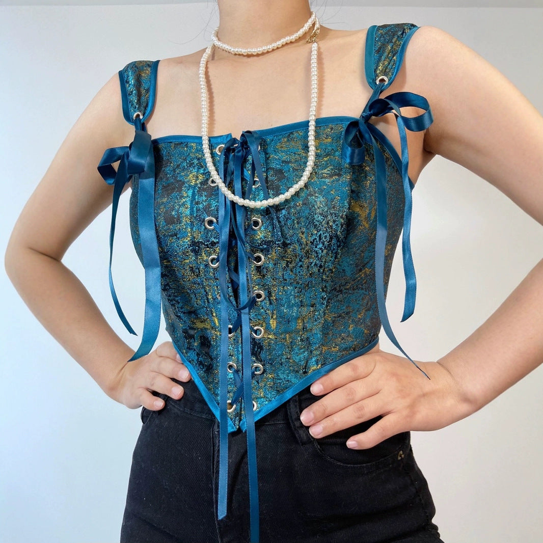 Jacquard Blue Double Shoulder Strap Adjustable Women Tube Top Chest Support Corset Blue