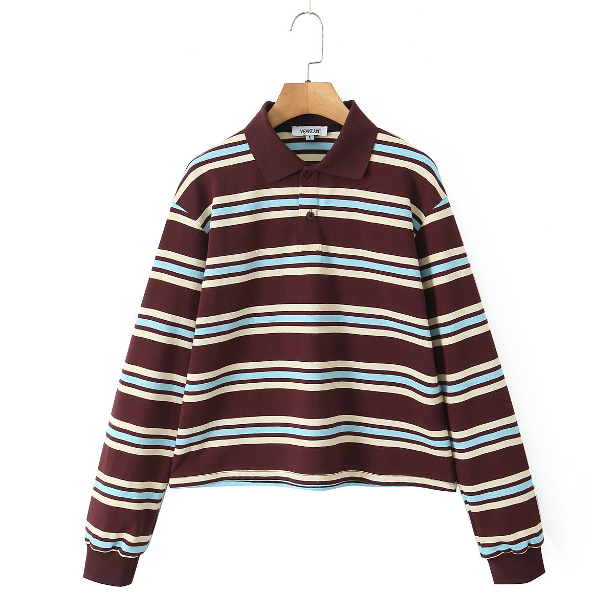 Autumn Women Clothing College Contrast Color Horizontal Striped Knitted Polo Shirt Long Sleeve T shirt for Women Multi