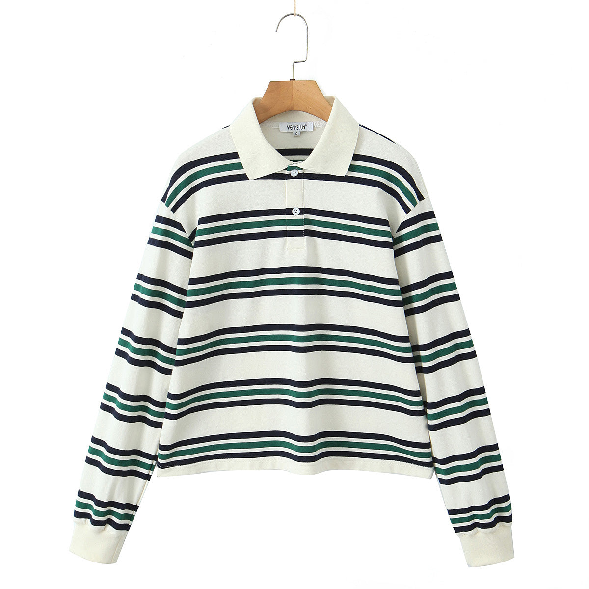 Autumn Women Clothing College Contrast Color Horizontal Striped Knitted Polo Shirt Long Sleeve T shirt for Women White and Green