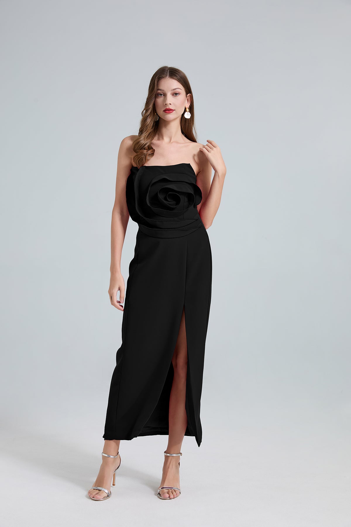 Women Rose Strapless Slim Fit Evening Dress High Waisted Party Dress Black