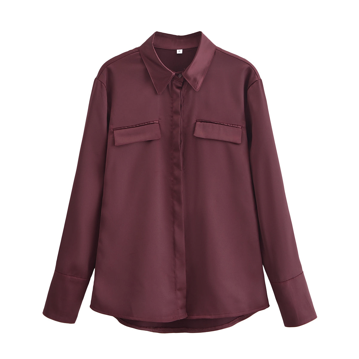 Women Clothing Spring Street Casual Pocket Satin Shirt Burgundy