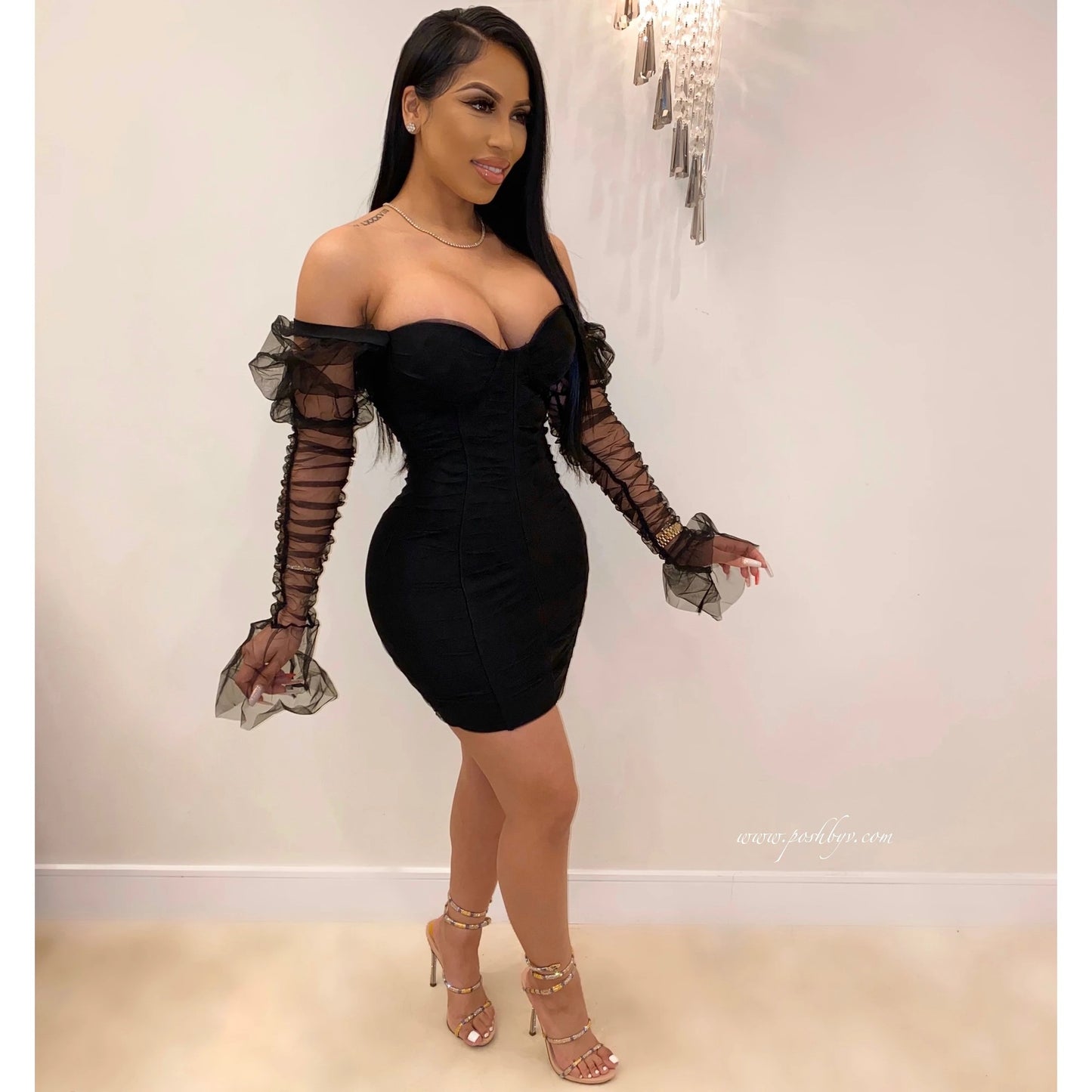 Women Clothing Sexy Bandeau Stitching Mesh Sleeves Night Club Slimming Dress Black