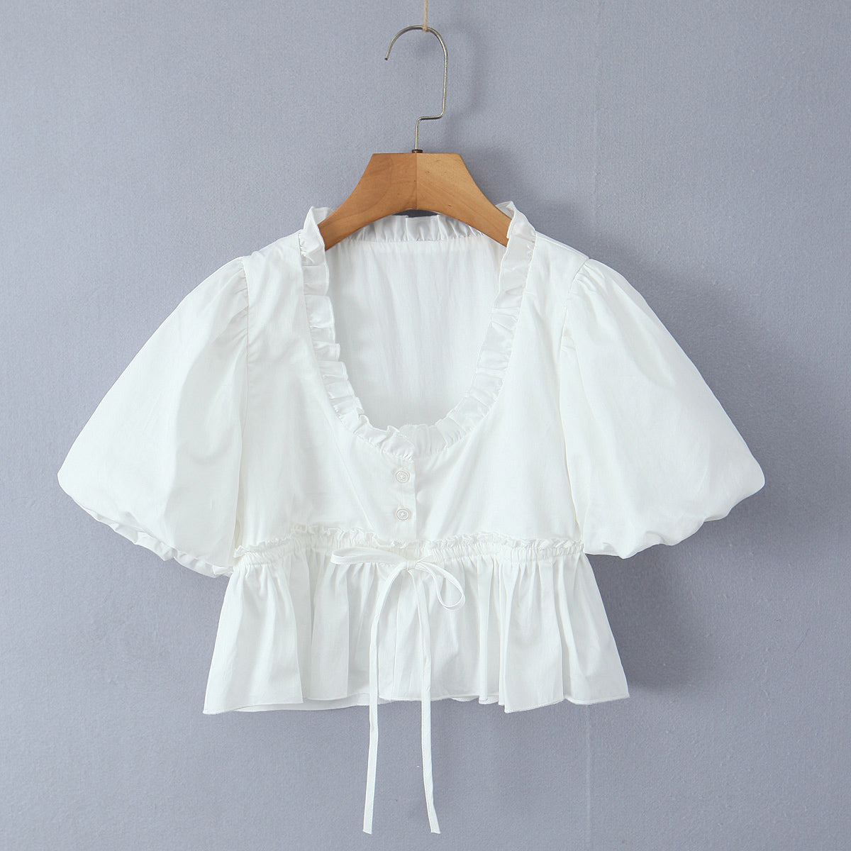 Sweet Girl Casual Puff Sleeve Bow Drawstring Small Top Women Blouses