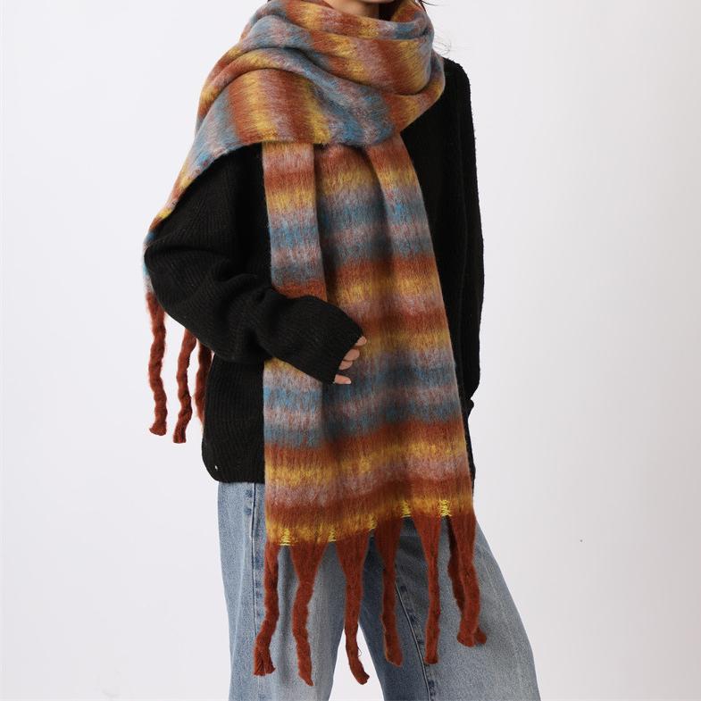 Maillard Autumn Winter Scarf Women Cashmere like High Grade Warm Shawl Mohair Stripe Thickening Color Matching Scarf