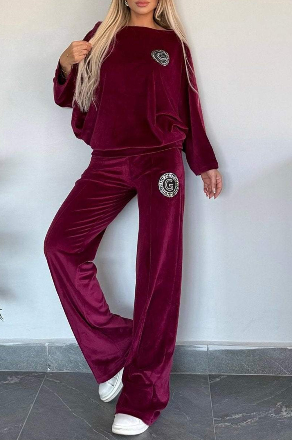 Women Clothes Spring Autumn Gold Velvet Solid Color Crew Neck Batwing Sleeve Casual Two Piece Set Women Clothing Fuchsia