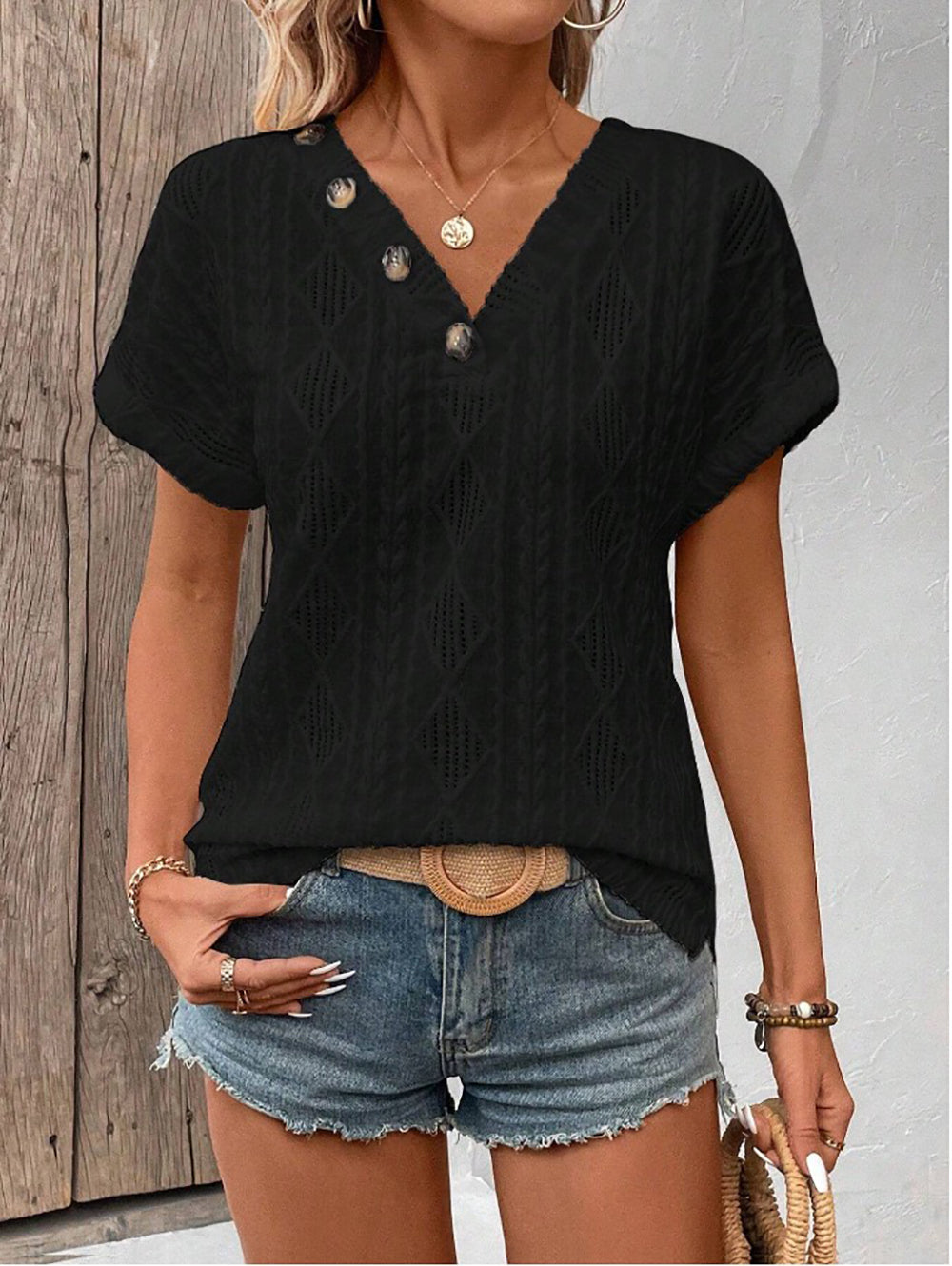 Women Clothing Spring Summer V neck Button Hollow Out Cutout out Loose Short Sleeve Top T shirt Black