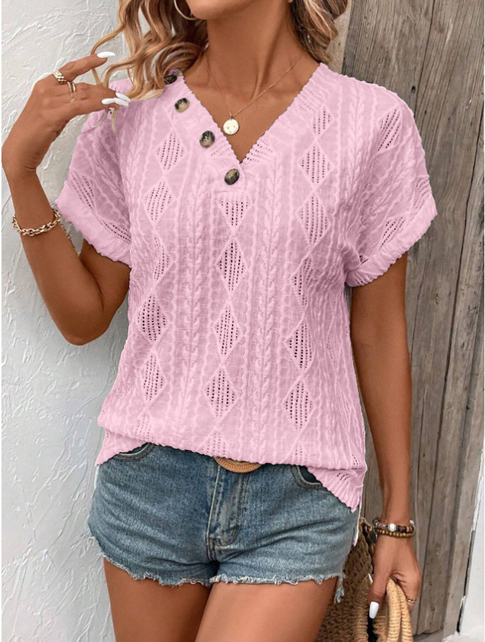 Women Clothing Spring Summer V neck Button Hollow Out Cutout out Loose Short Sleeve Top T shirt Pink