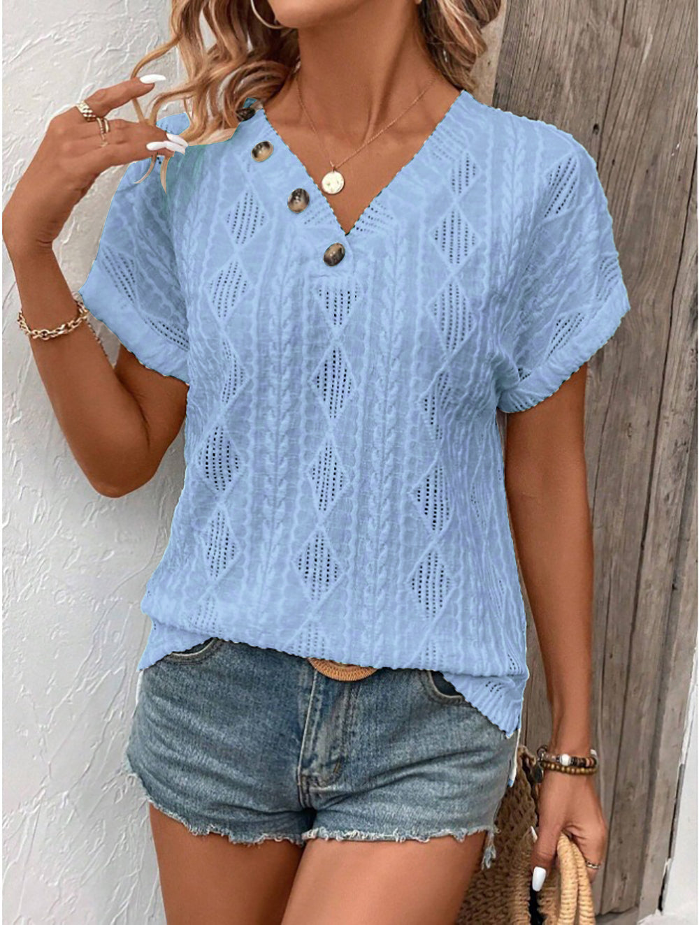 Women Clothing Spring Summer V neck Button Hollow Out Cutout out Loose Short Sleeve Top T shirt skyblue