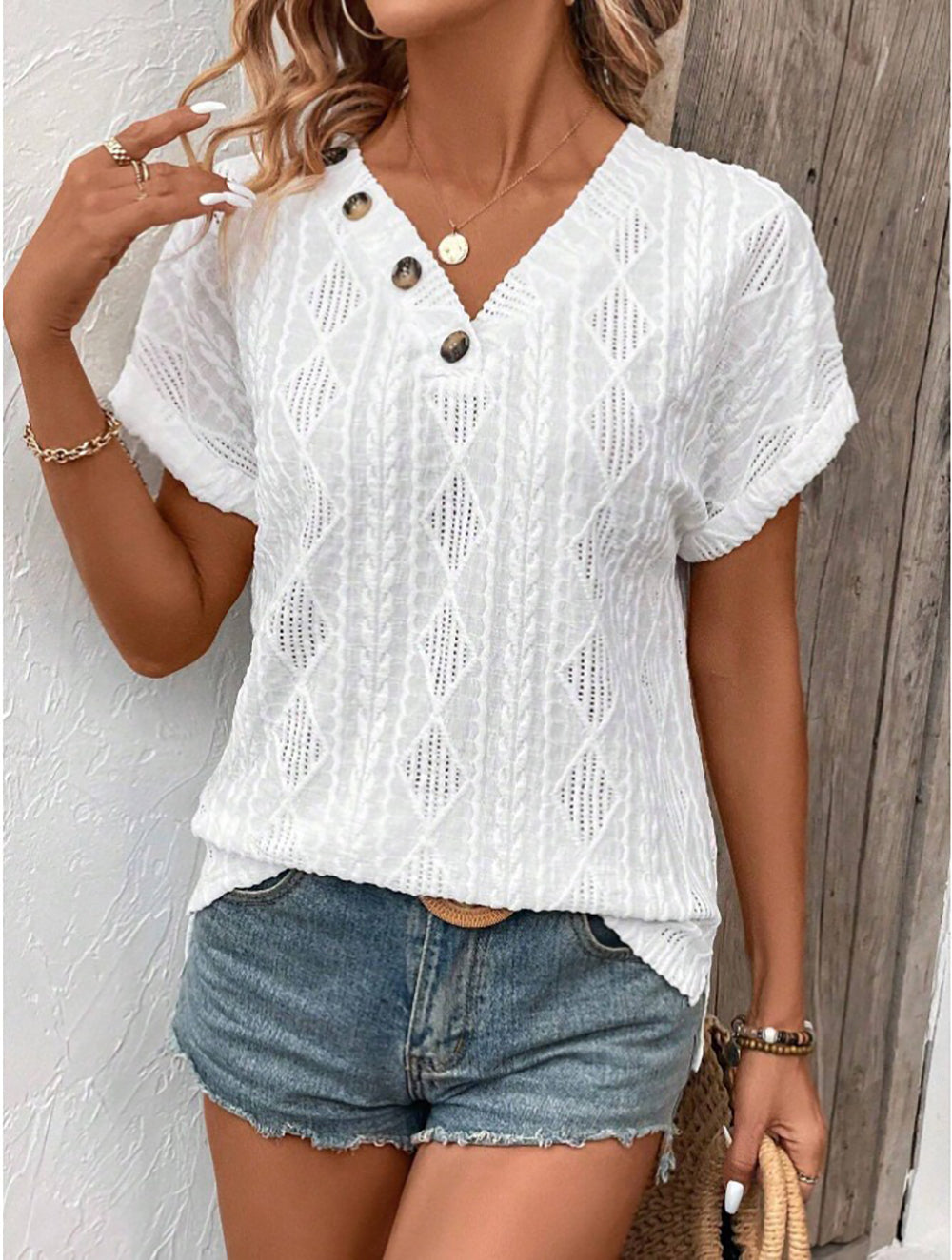 Women Clothing Spring Summer V neck Button Hollow Out Cutout out Loose Short Sleeve Top T shirt