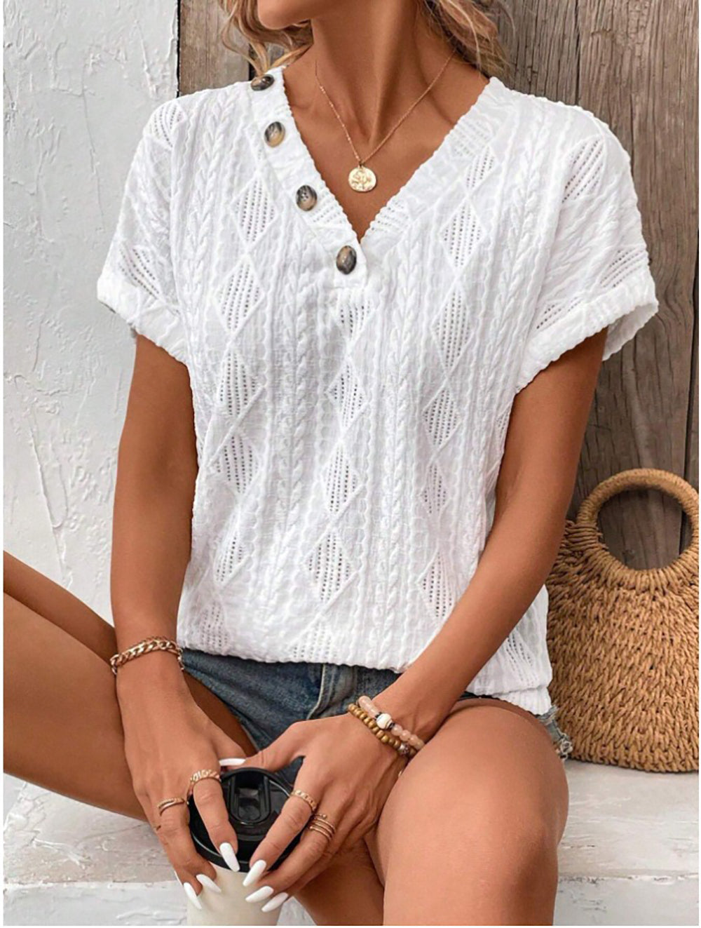 Women Clothing Spring Summer V neck Button Hollow Out Cutout out Loose Short Sleeve Top T shirt