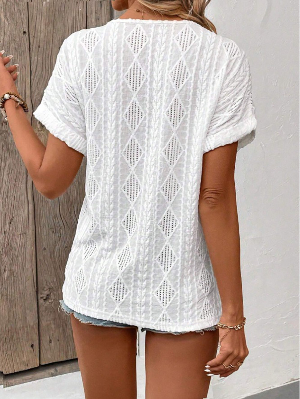 Women Clothing Spring Summer V neck Button Hollow Out Cutout out Loose Short Sleeve Top T shirt