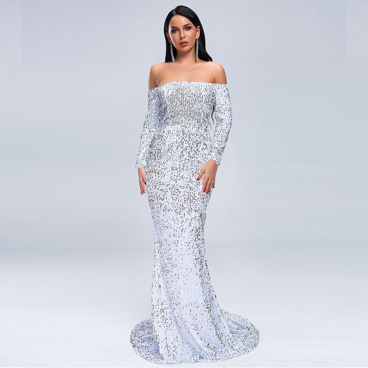 Spring Sexy Tube Top off-Shoulder Long Sleeve Sequined Party Mop Evening Dress for Women Formal Gown