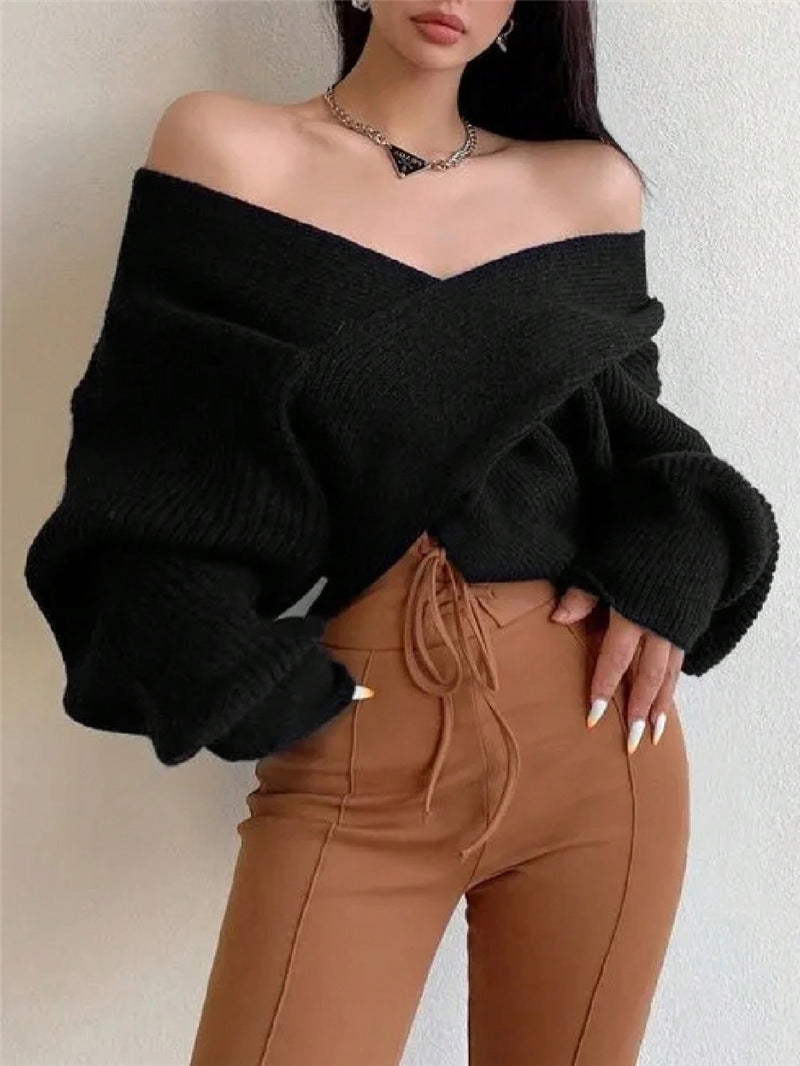 Autumn Winter Cross Irregular Asymmetric Design off Shoulder Loose Fitting Sweater Black