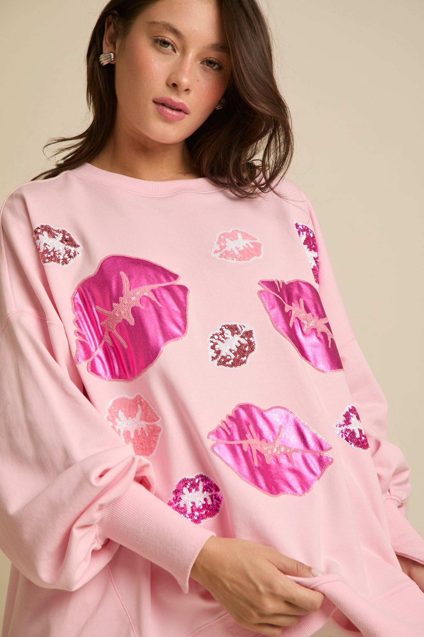 Autumn Winter Women Clothing Valentine Day Sequined Kiss Top Sweet Sweater Women Pink