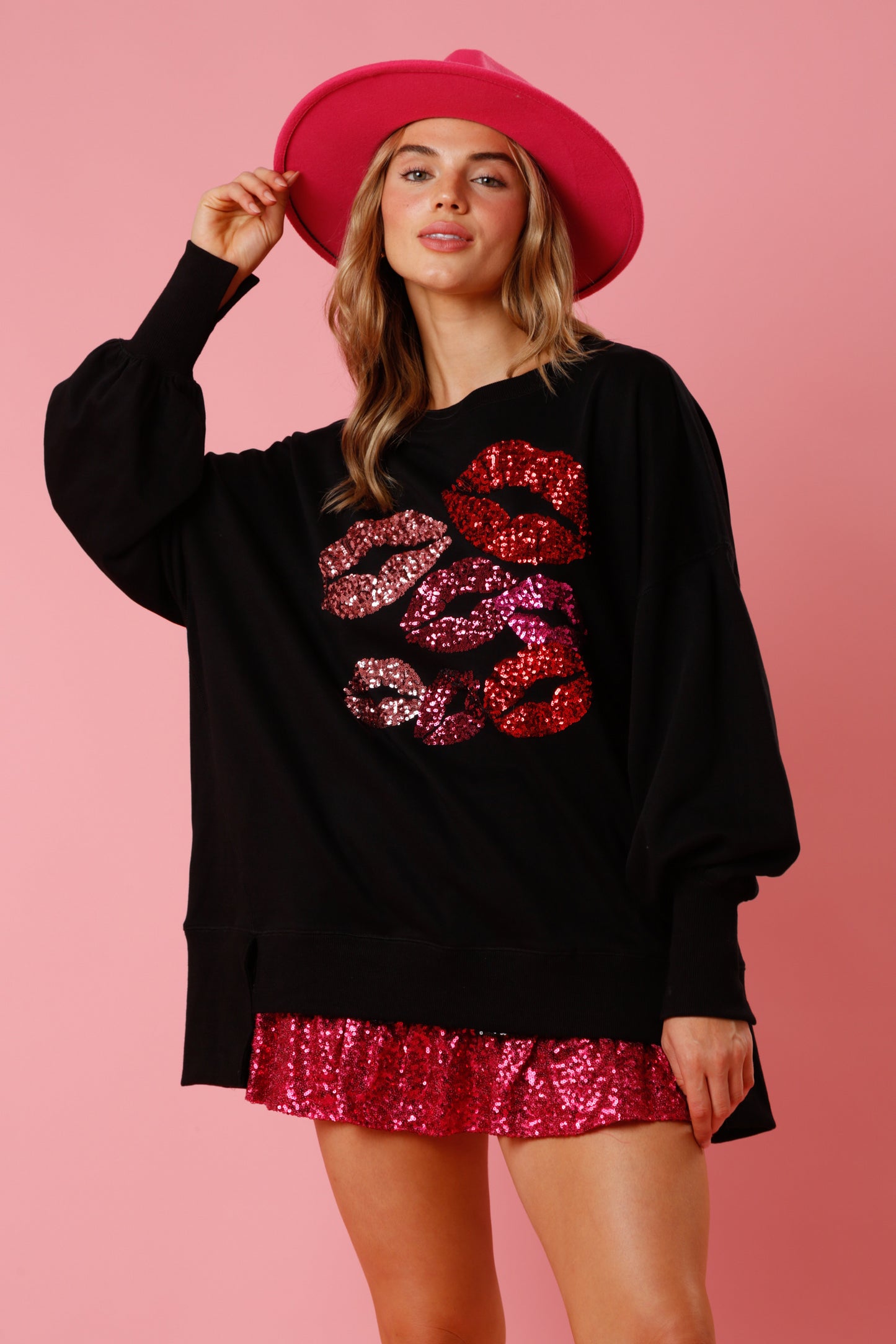 Autumn Winter Women Clothing Valentine Day Sequined Kiss Top Sweet Sweater Women Black