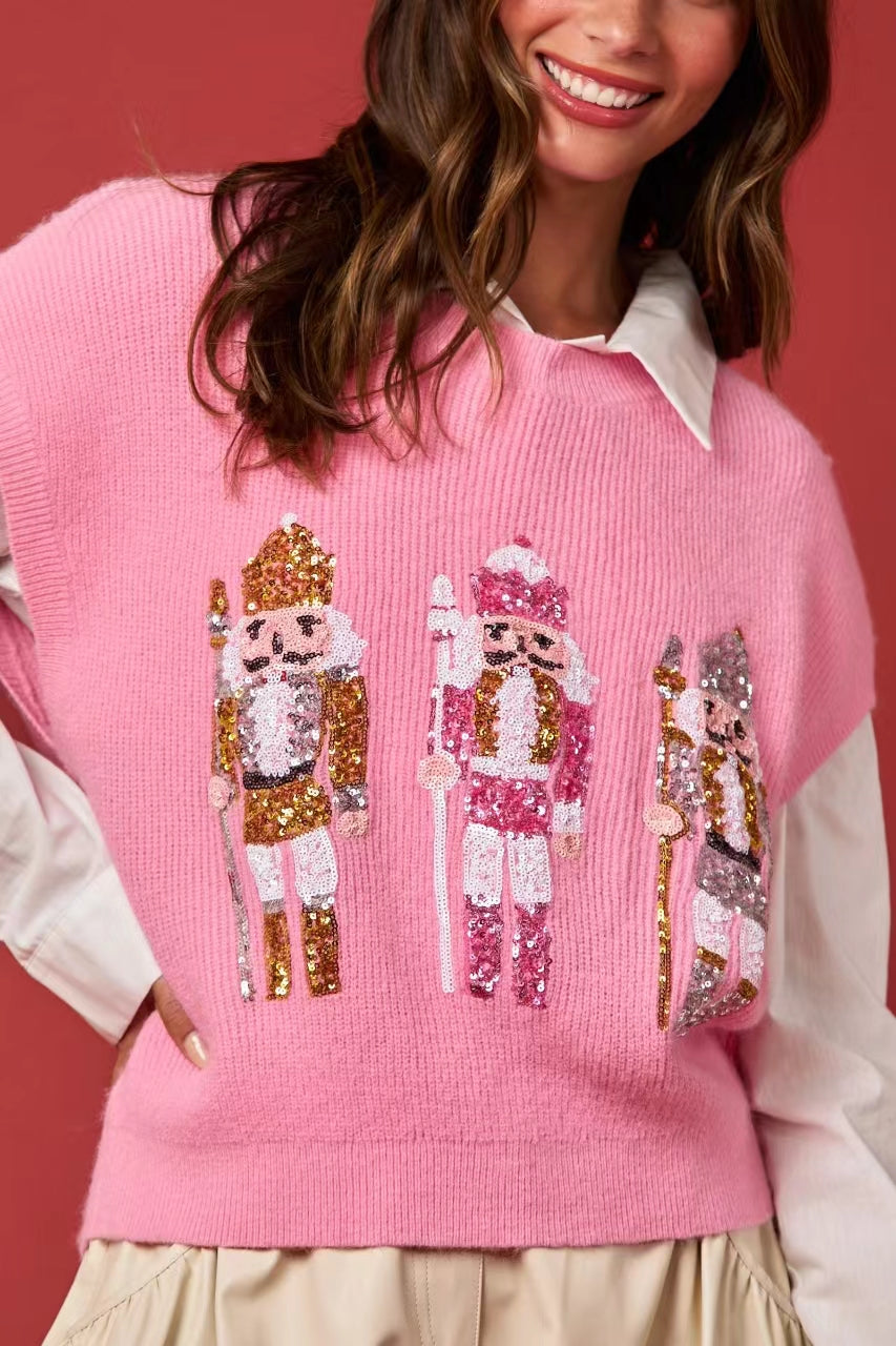 Autumn Winter Women Clothing Christmas Guard Sequined Sweater Vest round Neck Knitted Top Pink Nutcracker