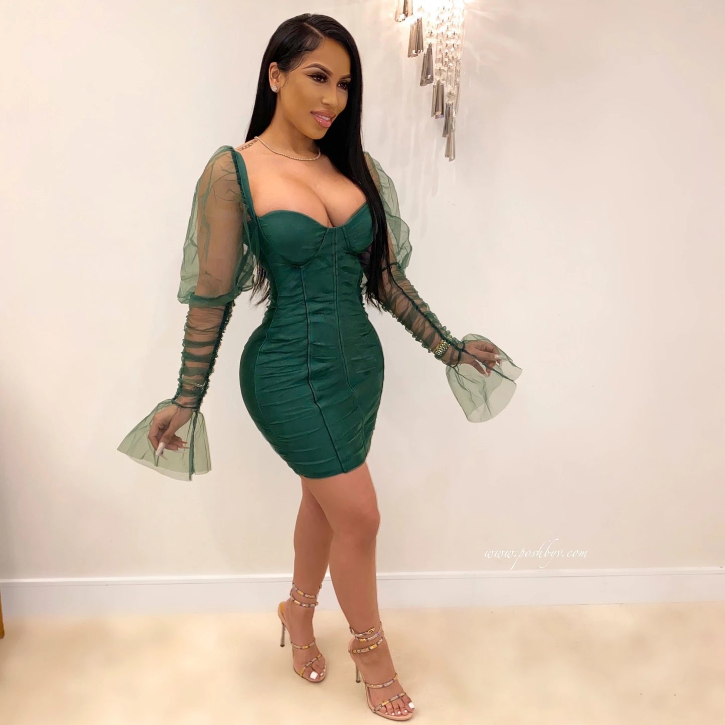 Women Clothing Sexy Bandeau Stitching Mesh Sleeves Night Club Slimming Dress Army Green