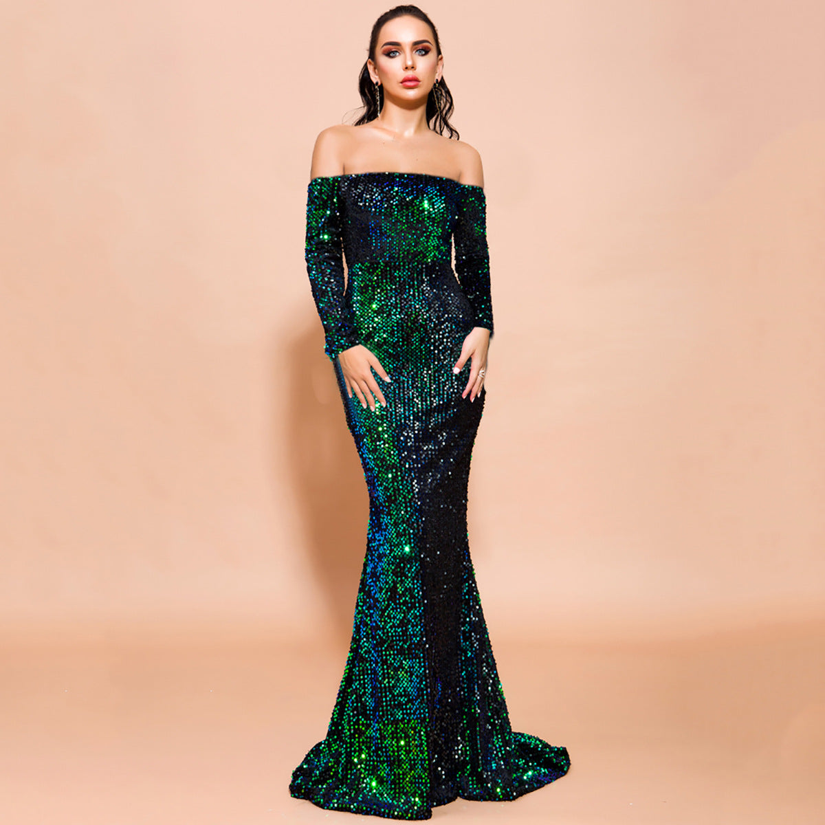 Spring Sexy Tube Top off-Shoulder Long Sleeve Sequined Party Mop Evening Dress for Women Formal Gown