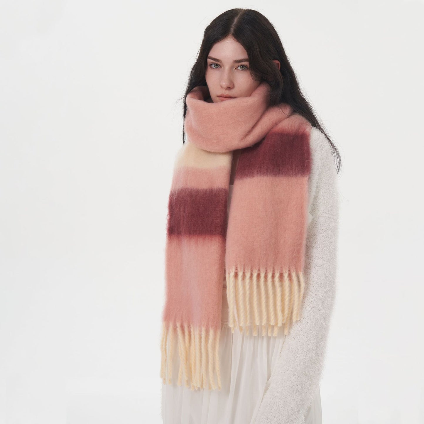 All Matching Thick Soft Glutinous Striped Stitching Mohair Cashmere like Plaid Scarf for Women Winter