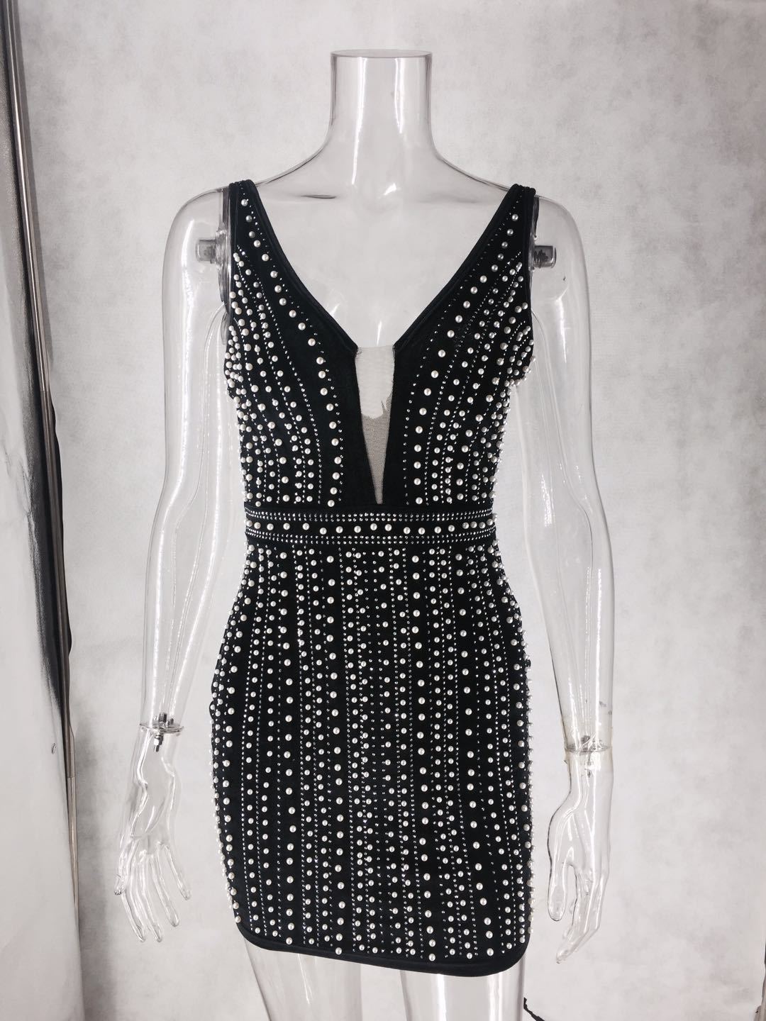 Summer Women Pearl Rhinestone V-neck Sexy Dress