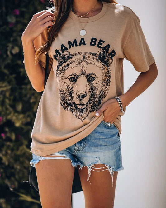 Summer New Mom Bear Graphic Print Sweet Casual Short Sleeve Fashion T-shirt