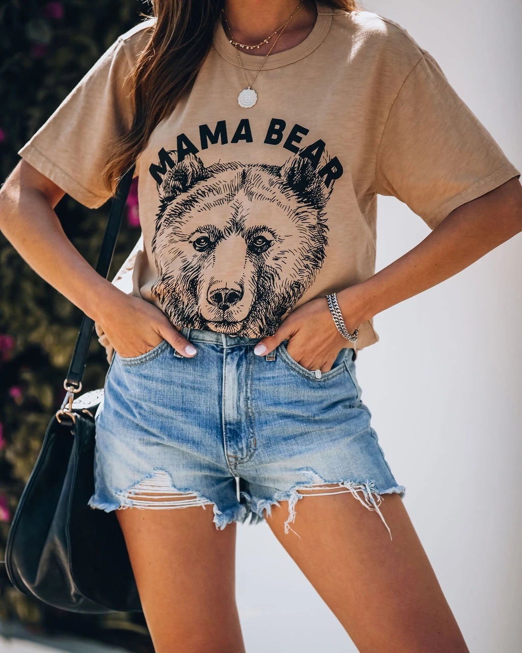 Summer New Mom Bear Graphic Print Sweet Casual Short Sleeve Fashion T-shirt Khaki