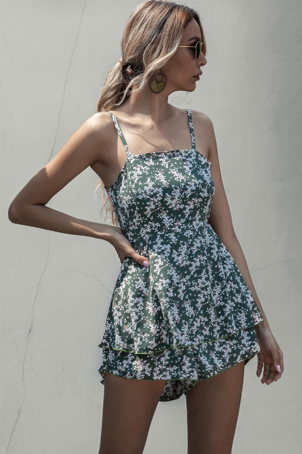 Summer Floral Strap Backless Lace Up Jumpsuit Green