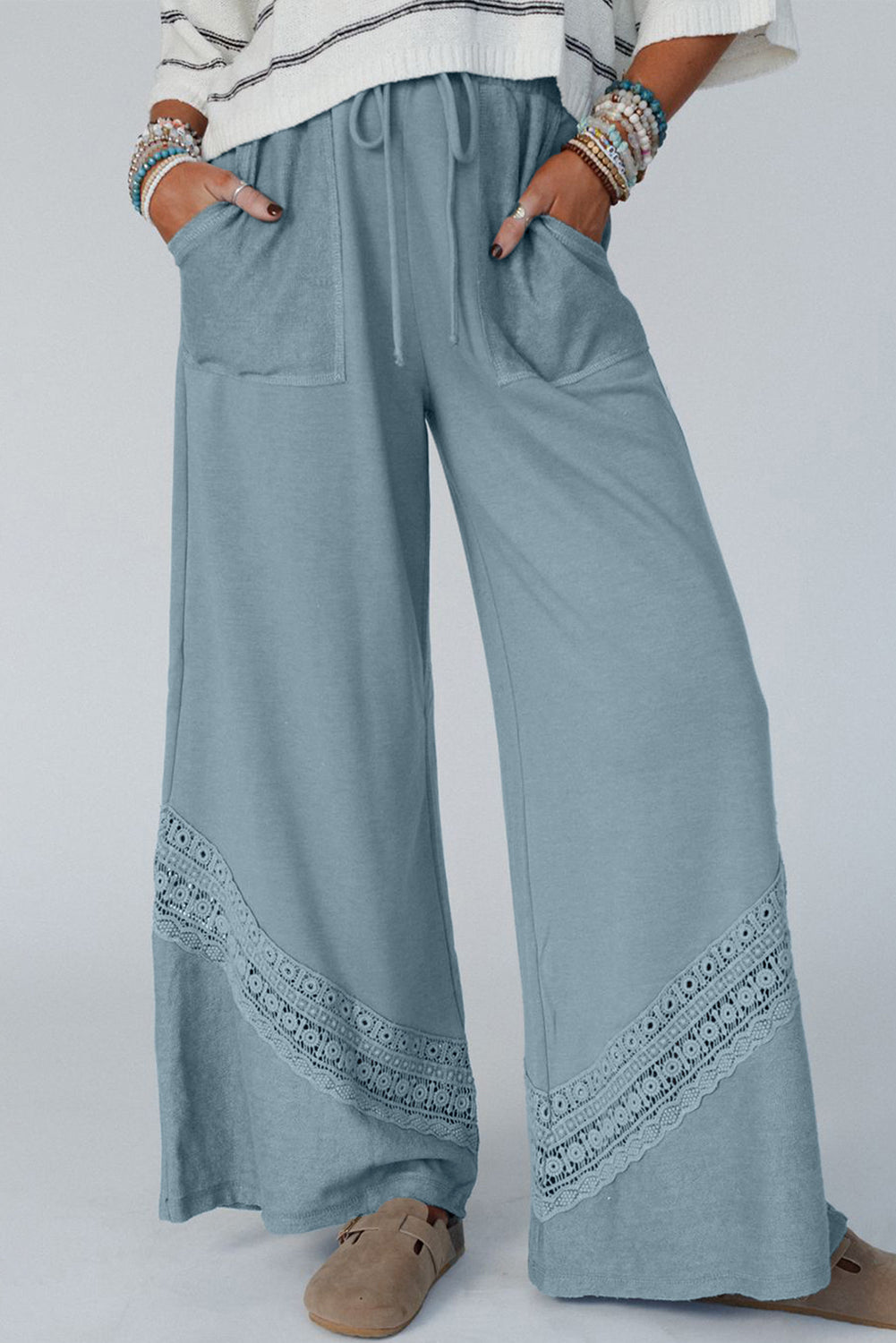 Dusk Blue Lace Crochet Patched Lace-up High Waist Wide Leg Pants Dusk Blue 80%Polyester+20%Cotton