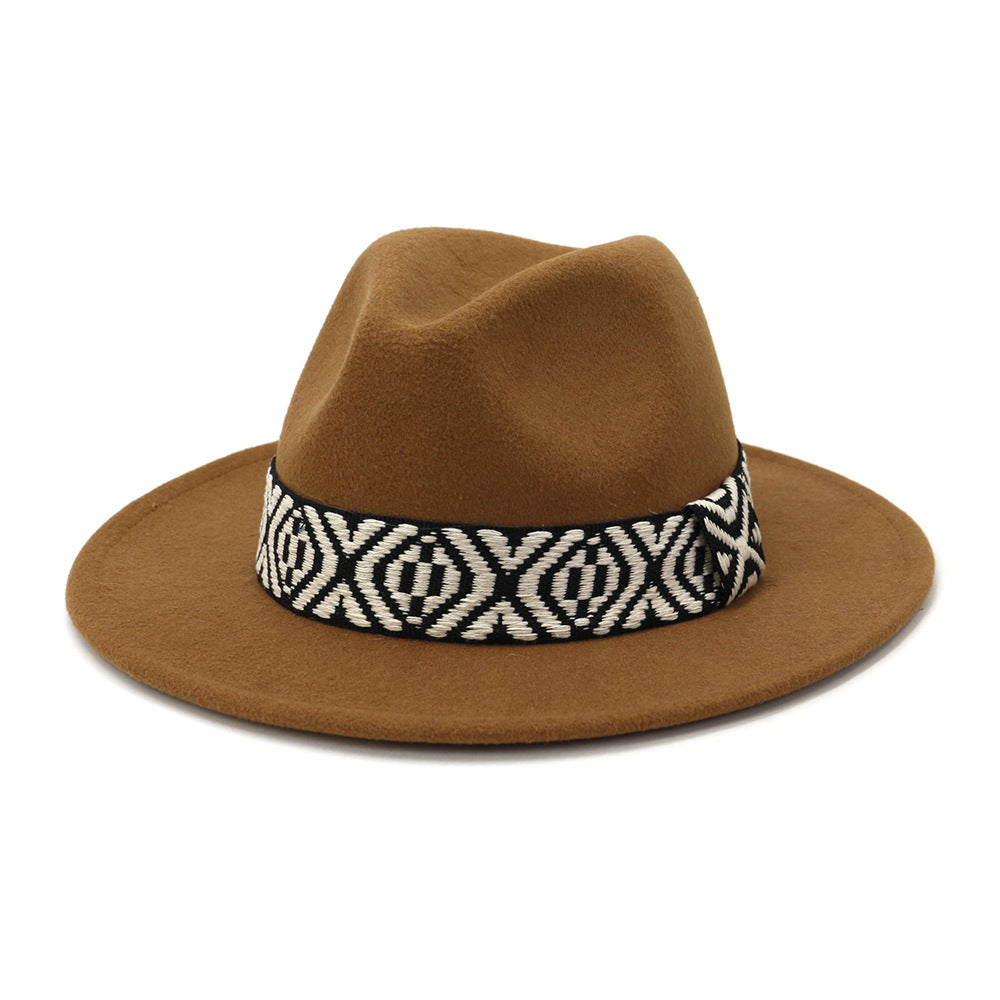 [Minimum order quantity is 2 pieces]Autumn Winter Woolen Jazz Top Hat Men Women Big Brim Hat FlatBrimmed Cap 58cm Khaki