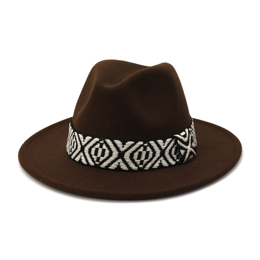 [Minimum order quantity is 2 pieces]Autumn Winter Woolen Jazz Top Hat Men Women Big Brim Hat FlatBrimmed Cap 58cm Brown