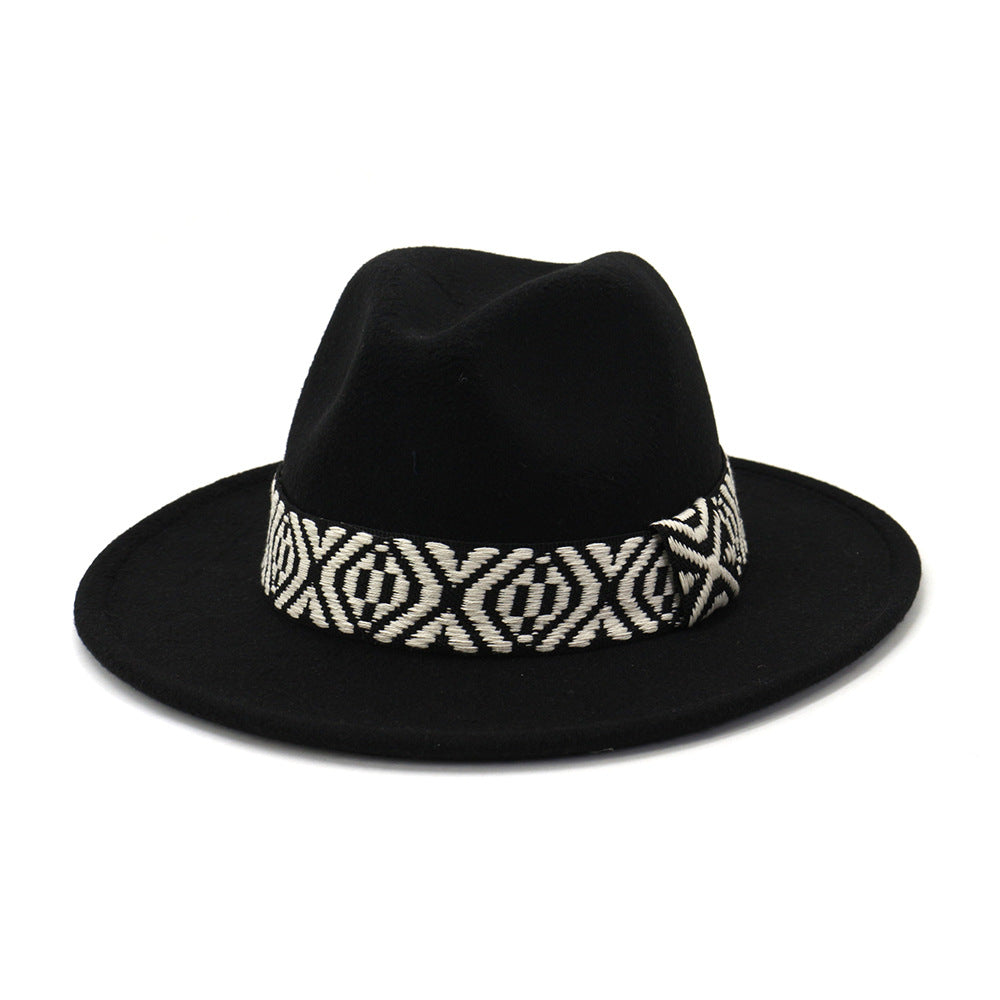 [Minimum order quantity is 2 pieces]Autumn Winter Woolen Jazz Top Hat Men Women Big Brim Hat FlatBrimmed Cap 58cm Black