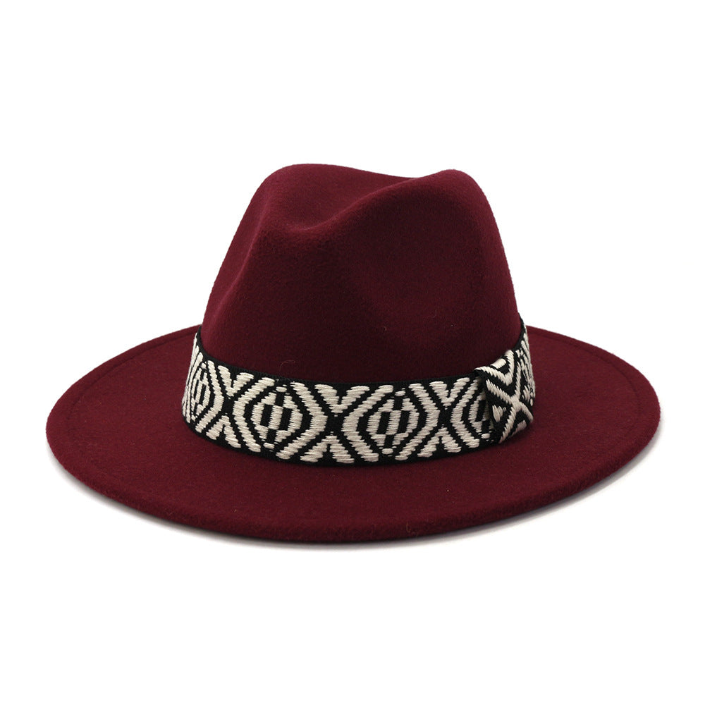 [Minimum order quantity is 2 pieces]Autumn Winter Woolen Jazz Top Hat Men Women Big Brim Hat FlatBrimmed Cap 58cm Burgundy