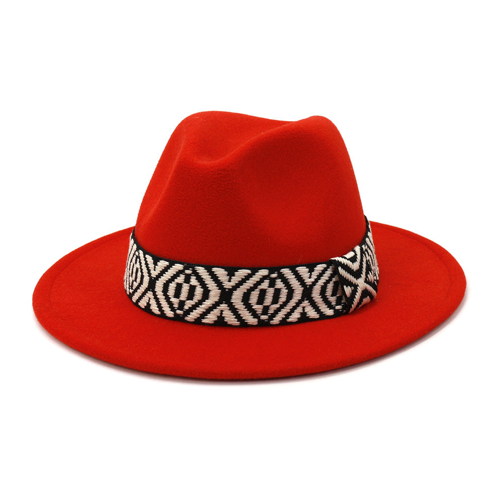 [Minimum order quantity is 2 pieces]Autumn Winter Woolen Jazz Top Hat Men Women Big Brim Hat FlatBrimmed Cap 58cm Orange