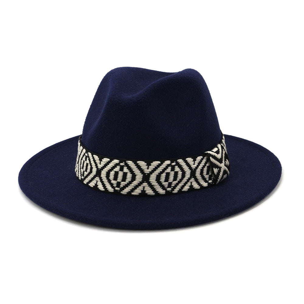 [Minimum order quantity is 2 pieces]Autumn Winter Woolen Jazz Top Hat Men Women Big Brim Hat FlatBrimmed Cap