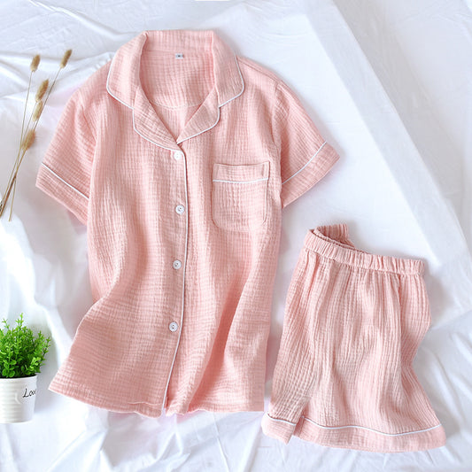 Cotton Double Layer Gauze Washed Crepe Monochrome Short Sleeved Shorts Pajamas Suit Women Collared plus Size Homewear