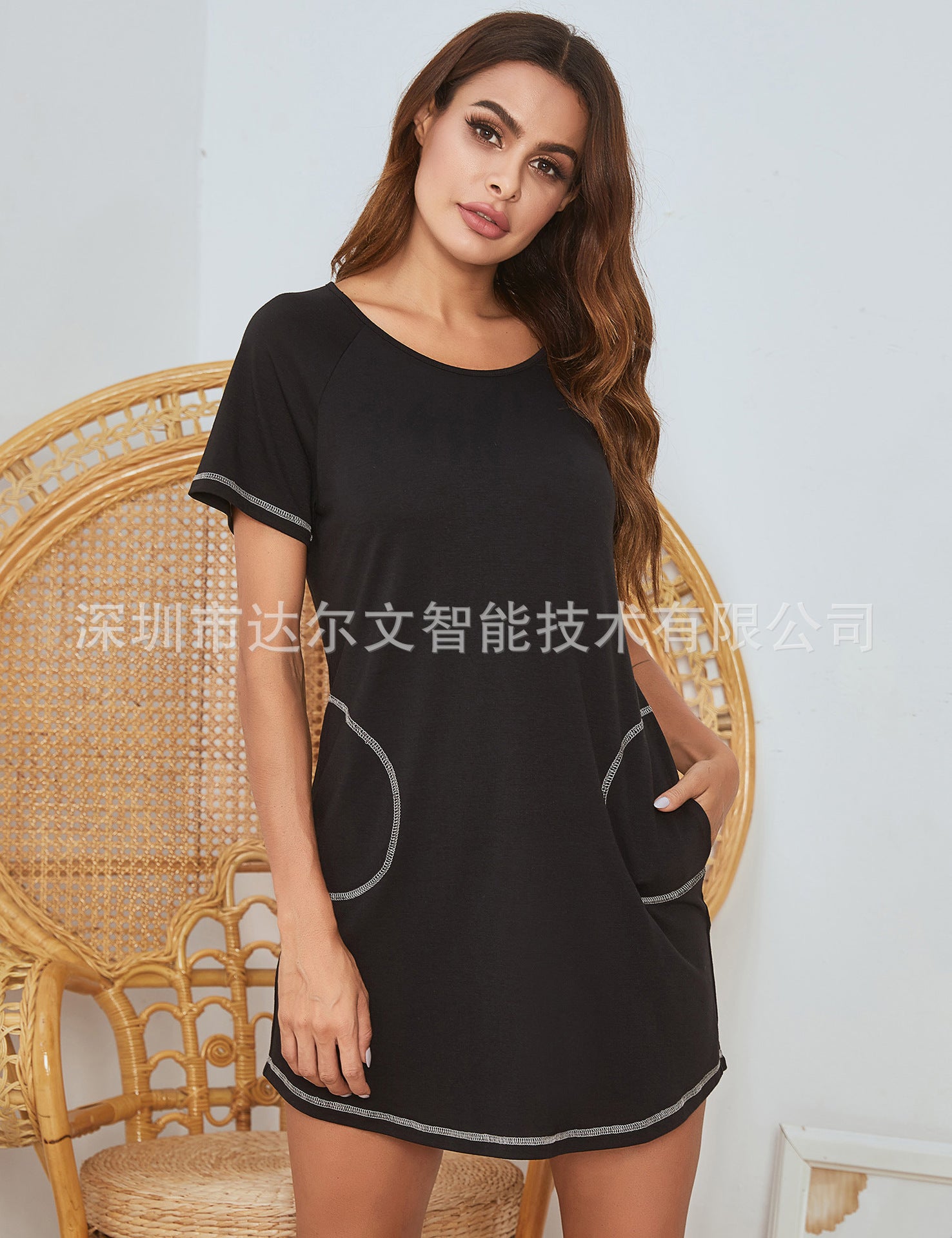 Spring Summer Ladies Homewear Pajamas Short Sleeved Home Casual Round Neck Loose Pockets Nightdress Women Black