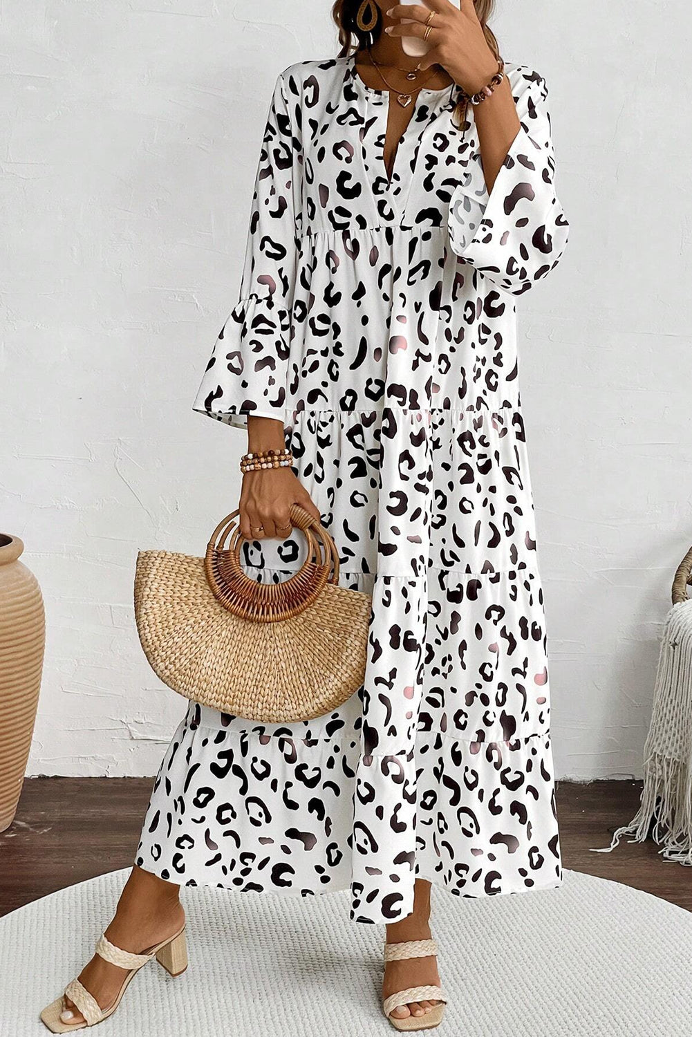 White Leopard Print Notch V Neck Loose Fit Maxi Dress White 100%Polyester