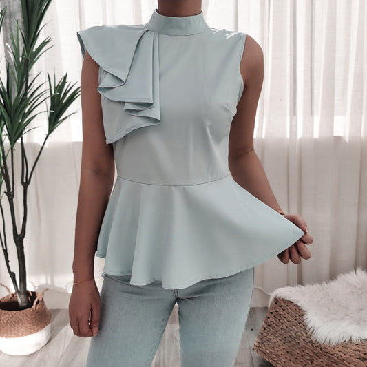 Women Clothing Sleeveless Ruffled Casual Chiffon Shirt Women Top