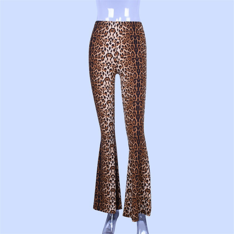 Spring Summer Women Clothing Leopard Print High Waist Base Bell-Bottom Pants Leopard