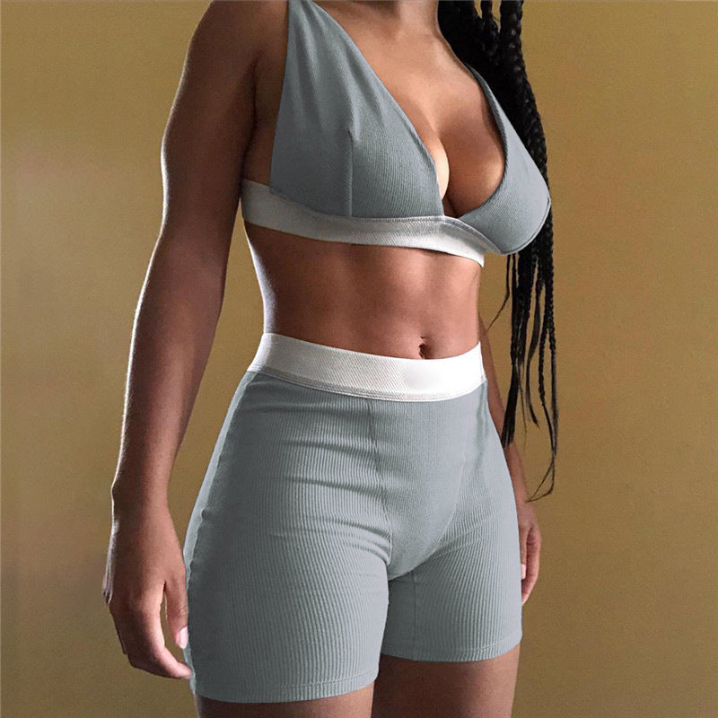 Summer Sexy V neck Vest Fifth Pants Sports Yoga Two Piece Set