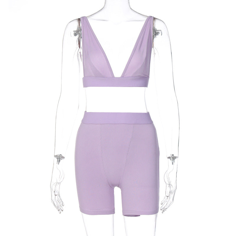 Summer Sexy V neck Vest Fifth Pants Sports Yoga Two Piece Set Purple