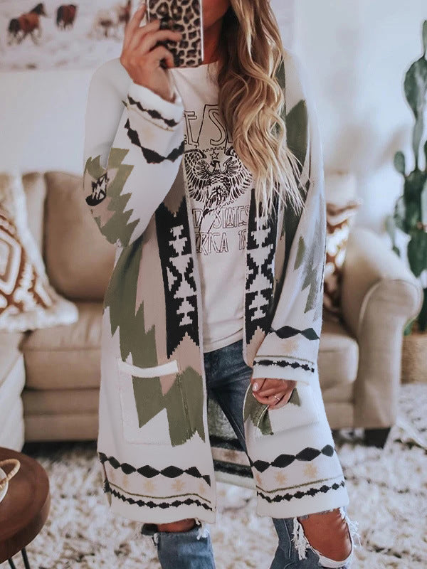 Spring Summer Women Clothing Long-Sleeved Printed Cardigan Coat Woolen Coat White