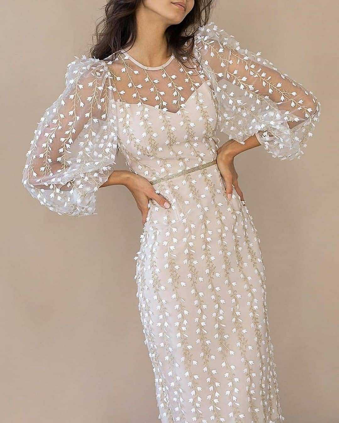 Lady Temperamental Embroidered Mesh Sleeve Dress White